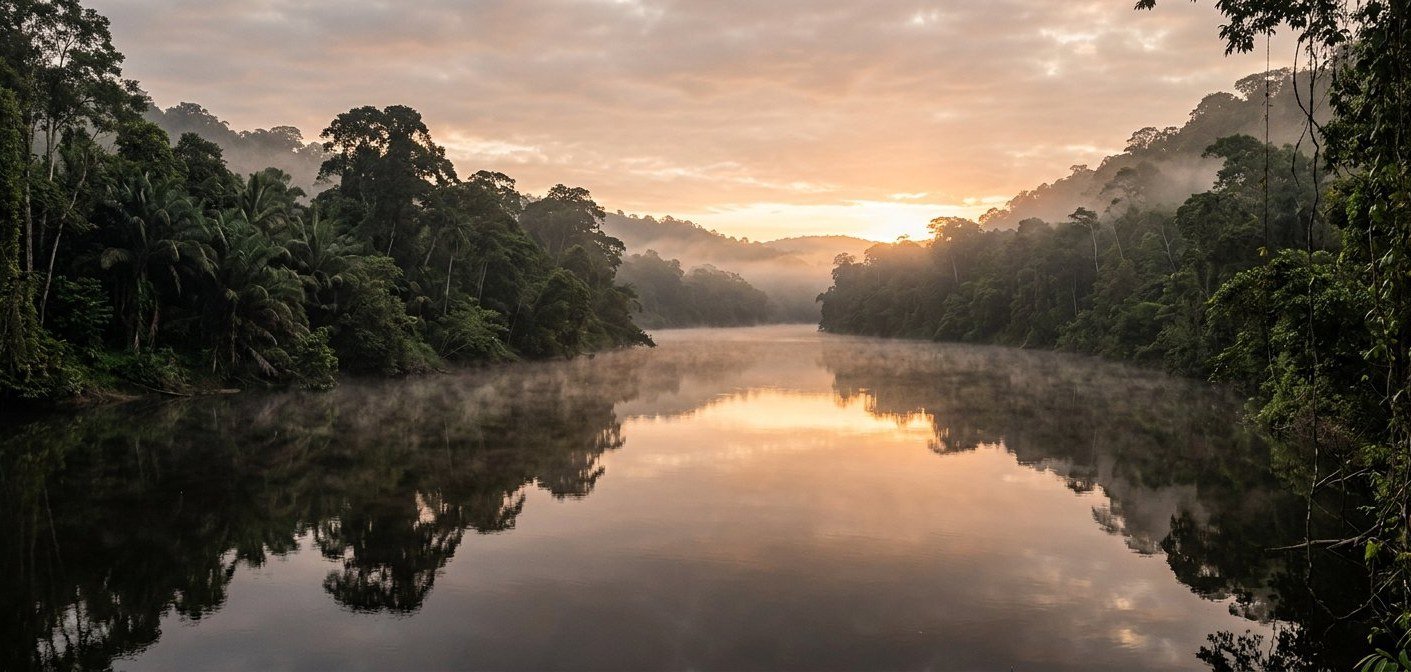 A calm Bornean river at dawn, mist above the water between rainforest banks