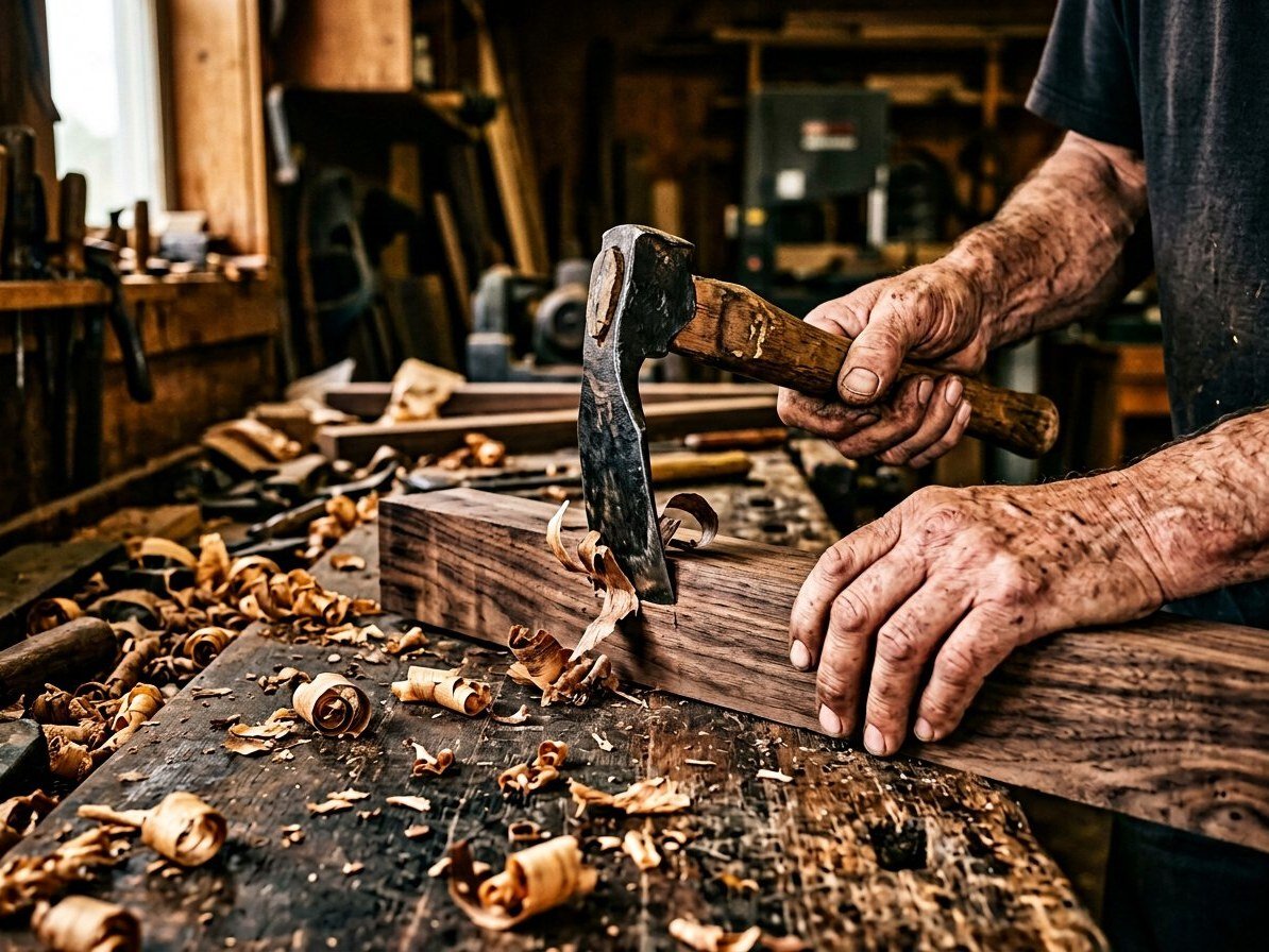 An artisan's hands shaping dark hardwood with an adze, shavings around, in a warm workshop