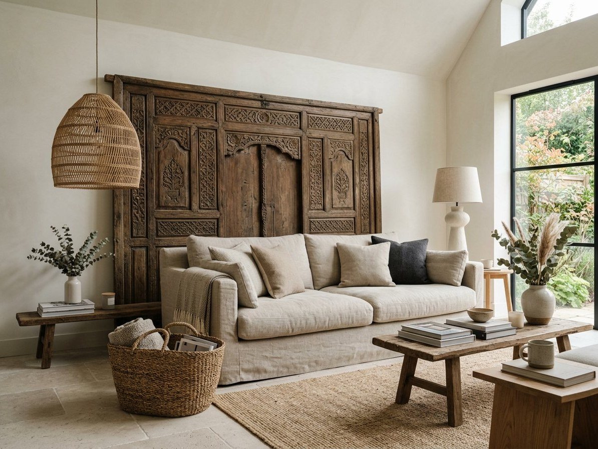 A contemporary living room where an aged carved wooden panel, a rattan pendant lamp and a woven basket sit naturally together