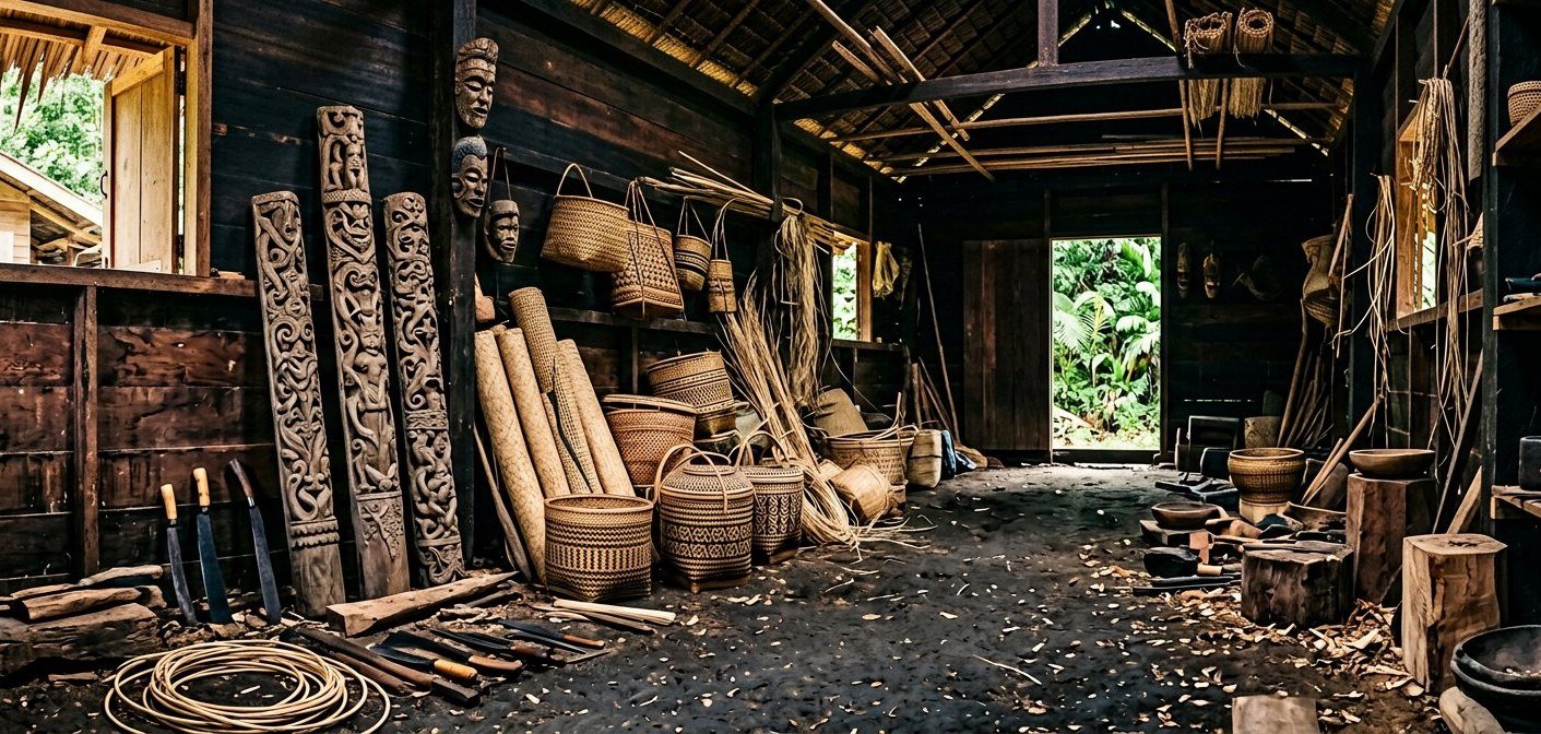 A quiet Borneo workshop interior where carved timber posts and woven rattan forms rest against a dark wall
