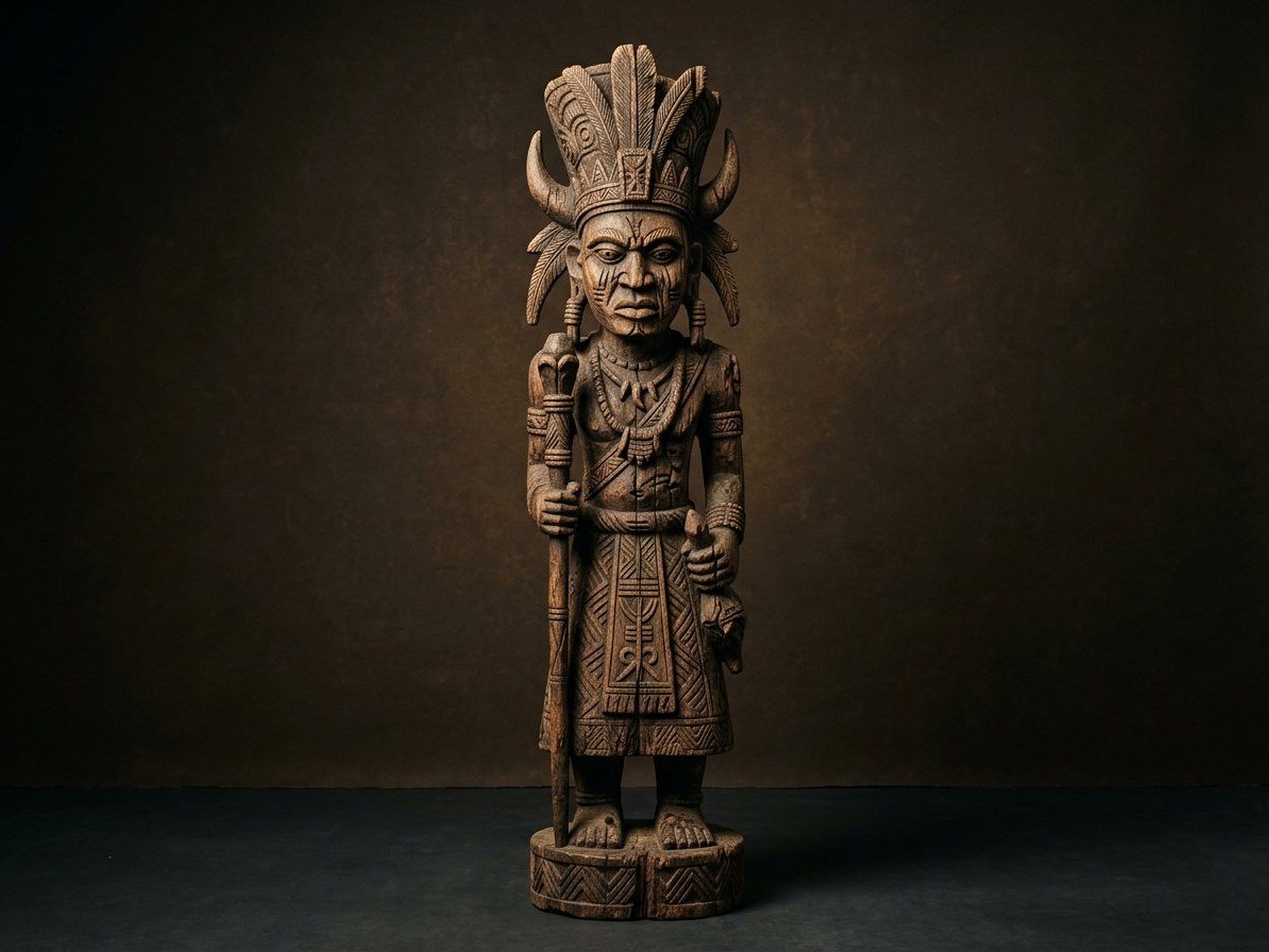 A full-length weathered carved wooden figure photographed against a dark background