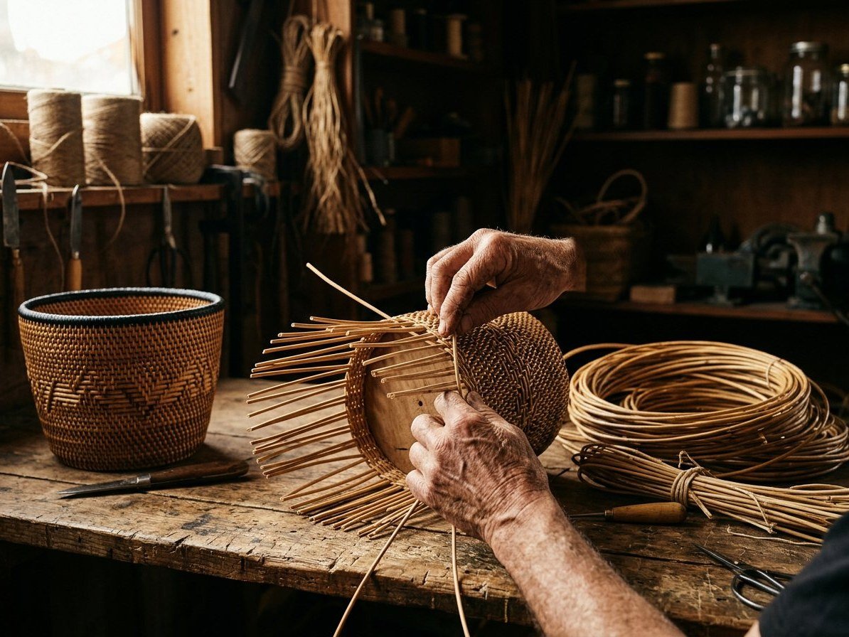 Hands weaving a rattan basket with coils of cane and a finished basket nearby