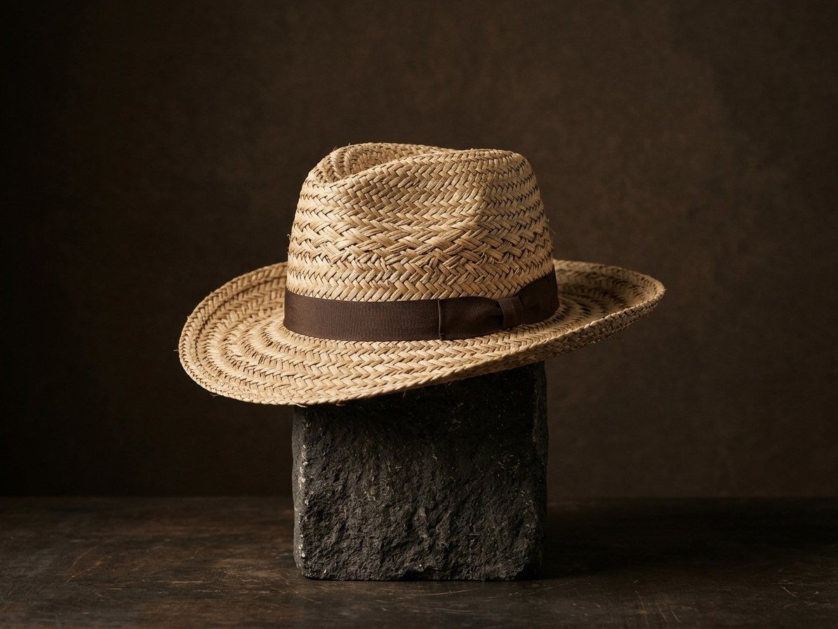 A handwoven natural fibre hat presented as a design object on a dark stone pedestal