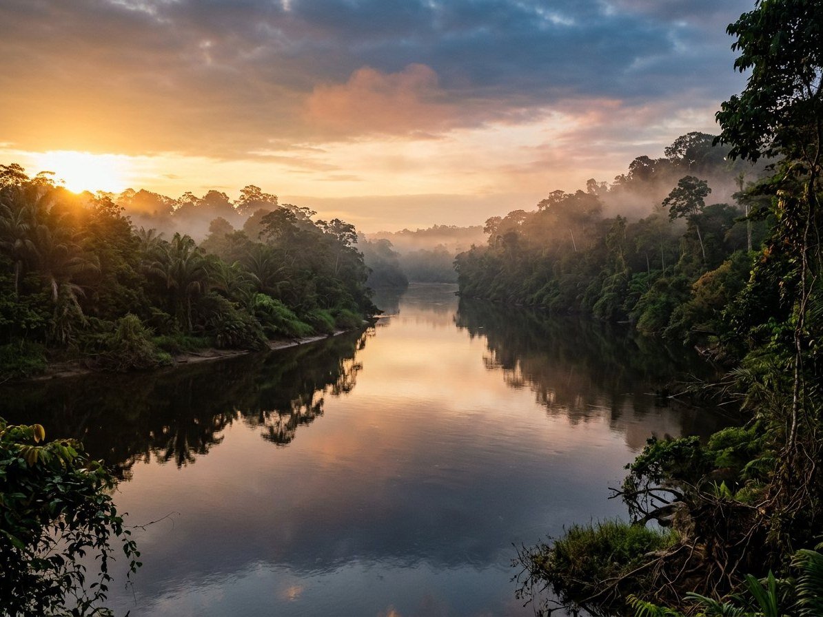 A wide Borneo river at dawn, calm water reflecting a warm sky between forested banks